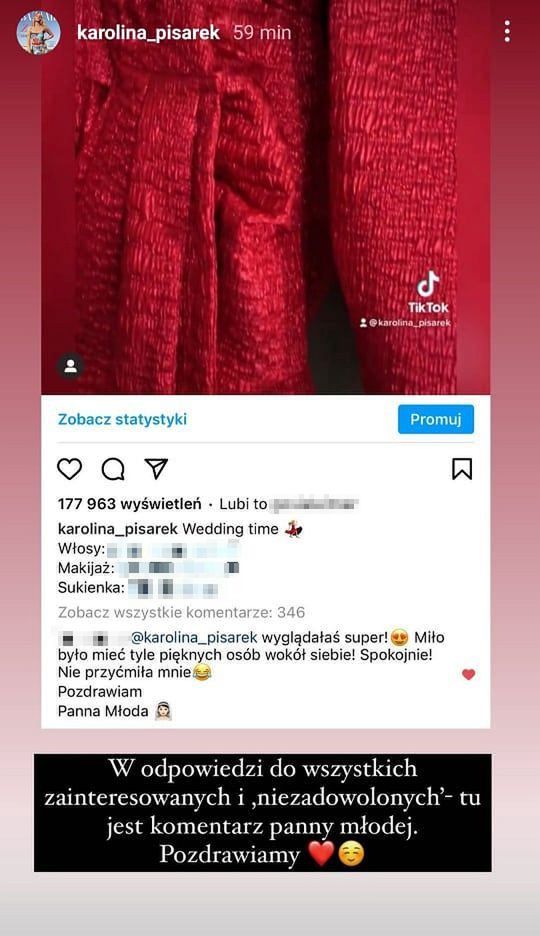 Panna młoda odpowiada na krytykę stylizacji Karoliny Pisarek 