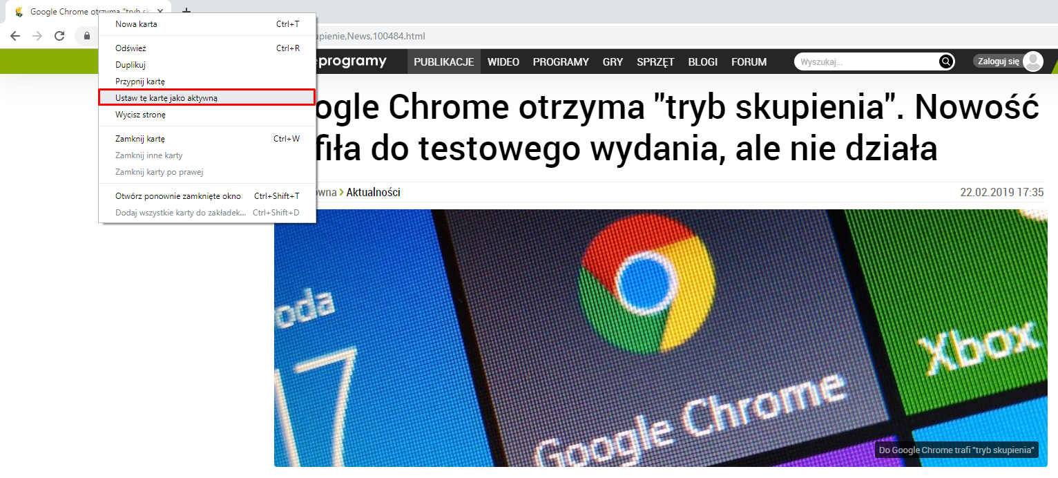 "Focus mode" to w polskiej wersji przeglądarki "aktywna karta".