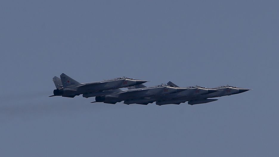 MOSCOW, RUSSIA - JUNE 20:  MiG-31, supersonic interceptor aircraft  takes part in rehearsal for 2020 Victory Day parade, in Moscow's Tverskaya Street, Russia on June 20, 2020. Russia is preparing for a military parade on June 24 to mark the 75th anniversary of the victory in World War II. Russia reported more recoveries than coronavirus cases for the fifth day in a row on Saturday. According to daily figures released by the countryâs emergency team, 7,889 people tested positive for COVID-19 over the past 24 hours, while 10,186 patients were discharged from hospitals across Russia. (Photo by Sefa Karacan/Anadolu Agency via Getty Images)