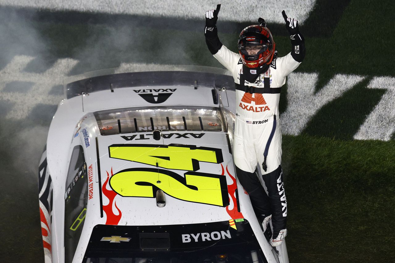 DAYTONA BEACH, FLORIDA - FEBRUARY 19: William Byron, driver of the #24 Axalta Chevrolet, celebrates after winning the NASCAR Cup Series Daytona 500 at Daytona International Speedway on February 19, 2024 in Daytona Beach, Florida. (Photo by Sean Gardner/Getty Images)