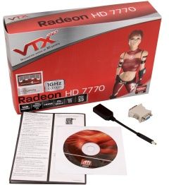 Zdjęcie opakowania i jego zawartości Radeona HD7770 firmy VTX 3D