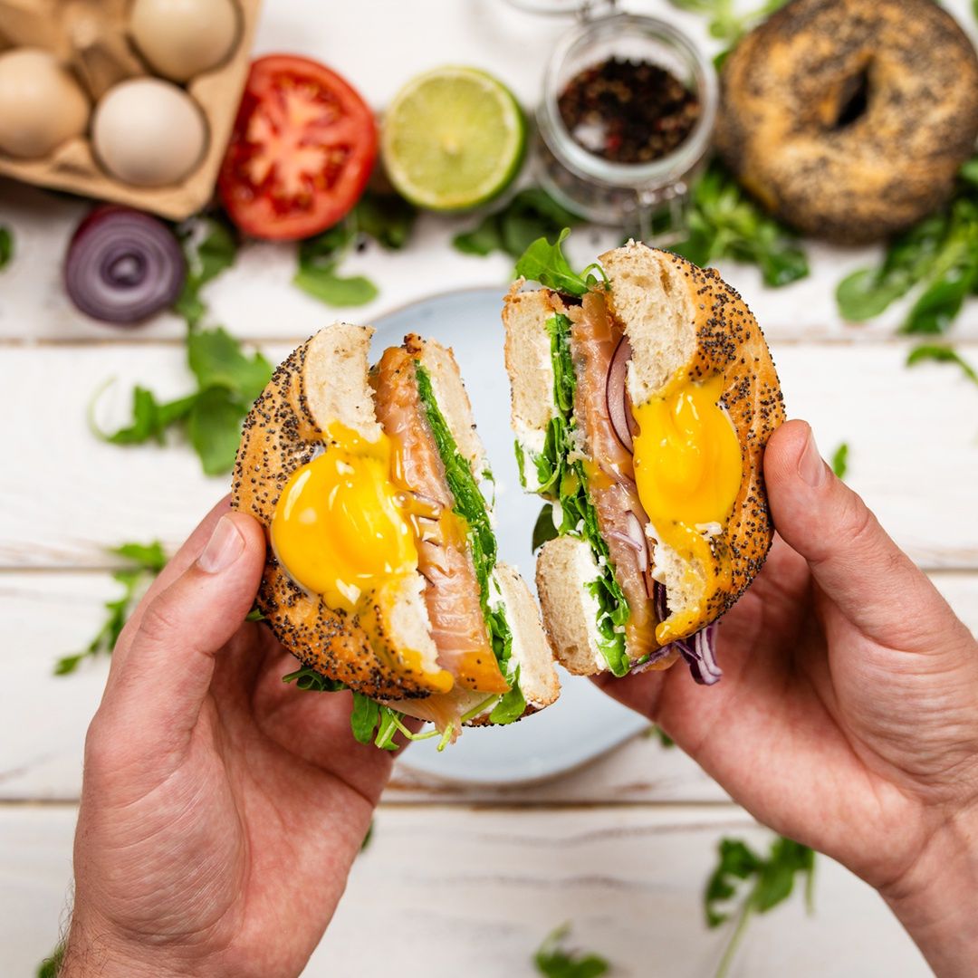 Bagel with egg and salmon