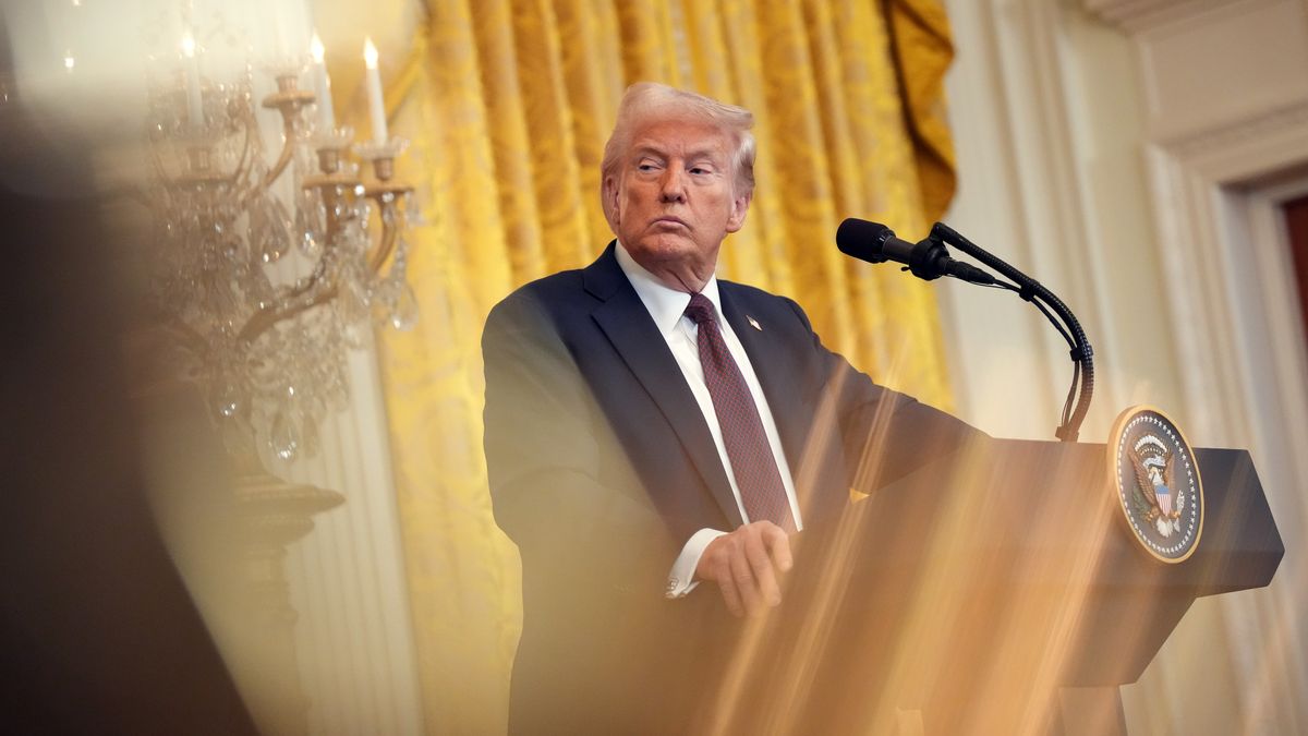 WASHINGTON, DC - FEBRUARY 27: U.S. President Donald Trump looks on during a joint press conference with UK Prime Minister Keir Starmer in the East Room at the White House on February 27, 2025 in Washington, DC. Starmer is on his first visit to Washington since President Trump returned to the White House. Starmer's trip comes shortly after he announced an increase in UK defense spending, ostensibly as a signal to Trump that the UK is prepared to bolster Europe's security, and as he aims to broker a fair peace deal for Ukraine amid Trump's warming relations with Russia.  (Photo by Andrew Harnik/Getty Images)