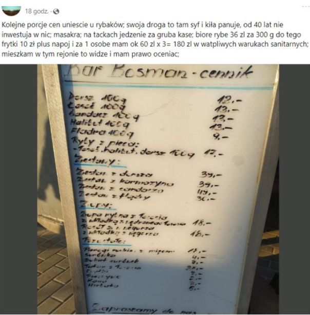 Cennik ze smażalni ryb w Mielnie Fot. Facebook/I love polskie morze, Maciej Drela