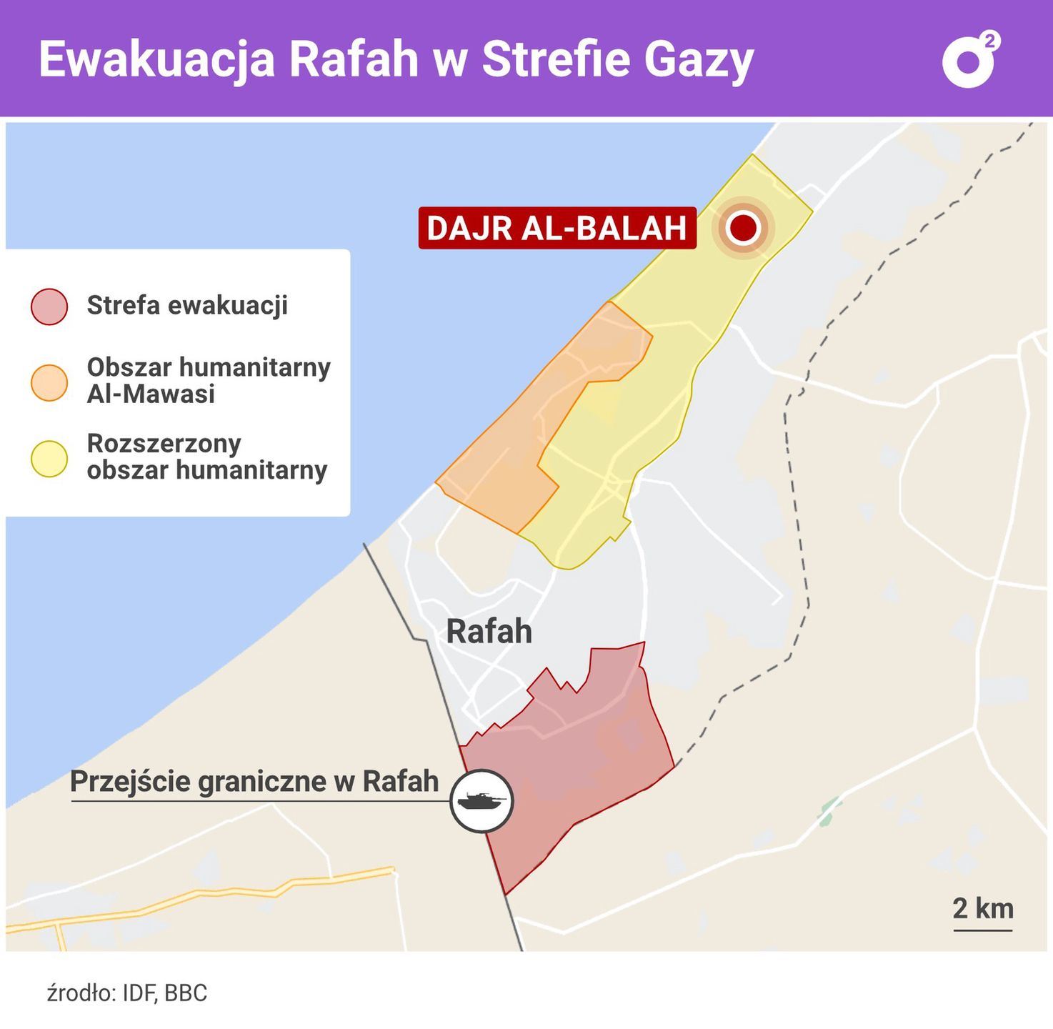 Czołgi Izraela są już na przejściu granicznym w Rafah. Dużą część miasta (czerwony obszar na mapie) wezwano do ewakuacji