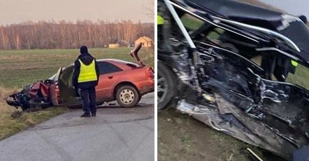 Zderzenie dwóch audi na lokalnej drodze. Kierowca jednego z aut nie żyje