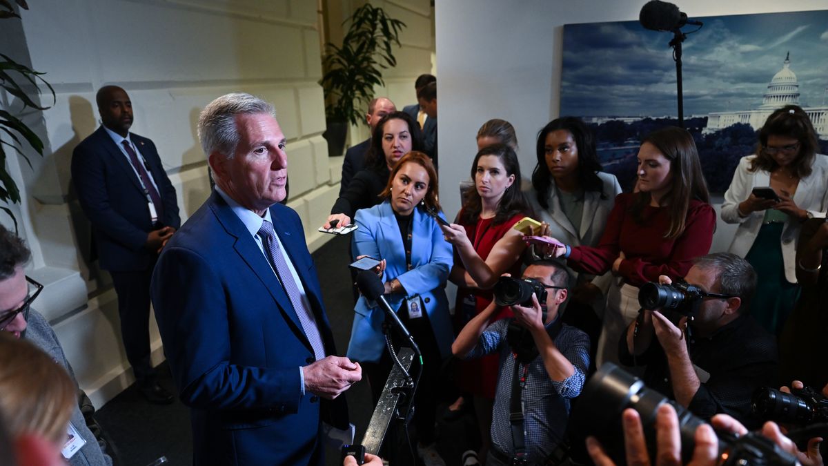 WASHINGTON, DC - SEPTEMBER 19: Speaker of the House Kevin McCarthy (R-CA) speaks to the media following a House Republican caucus meeting at the United States Capitol on Tuesday September 19, 2023 in Washington, DC. (Photo by Matt McClain/The Washington Post via Getty Images)