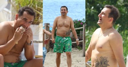 Michał Koterski harcuje z synkiem na sopockiej plaży. Wyeksponował OGROMNY tatuaż na brzuchu (ZDJĘCIA)