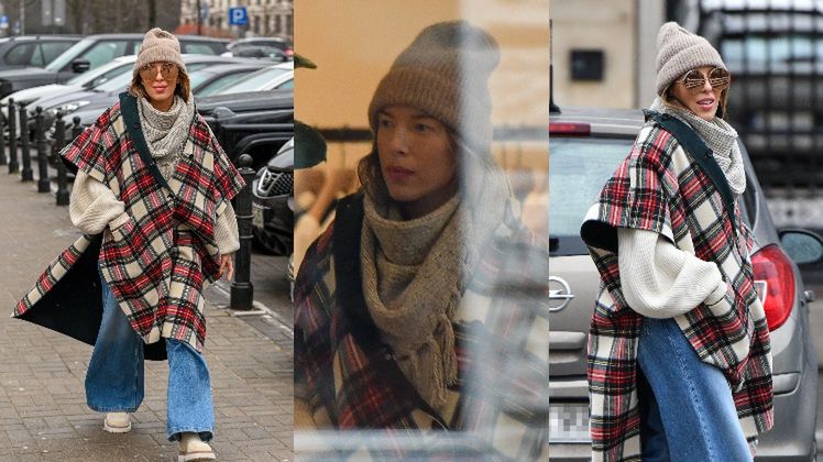 Ewa Chodakowska w kraciastym ponczo