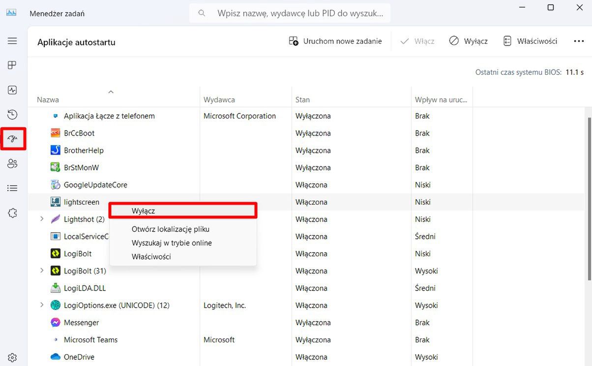Aplikacje w autostarcie w Windows 11