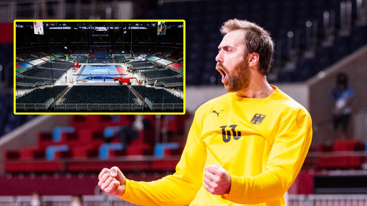 Andreas Wolff (Tom Weller/DeFodi Images via Getty Images), w ramce: Merkur Spiel-Arena w Dusseldorfie (EHF EURO 2024)