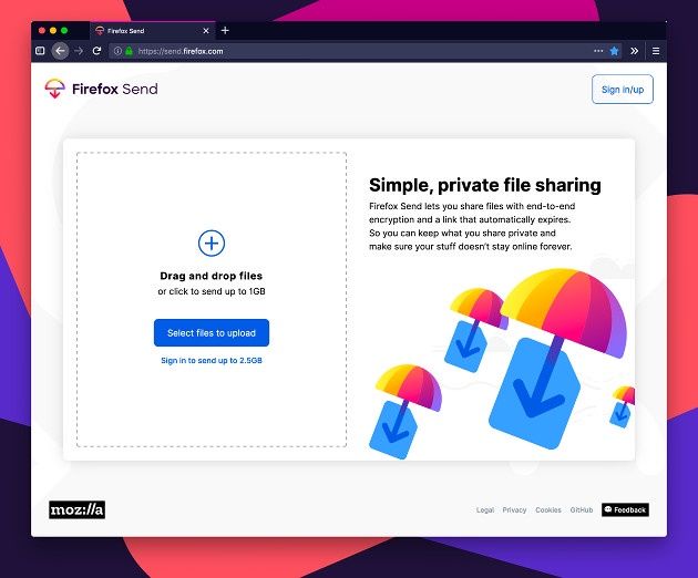 Firefox Send screen 1