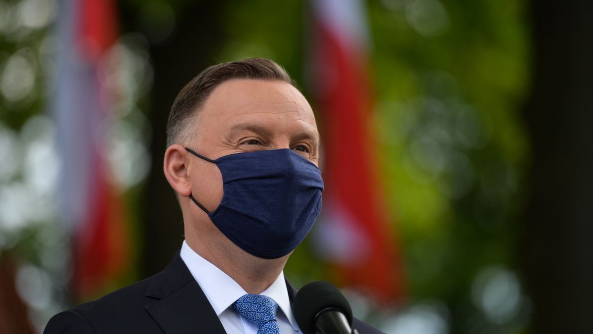 Polish President Andrzej Duda addresses the media during his visit to Alwernia.On  May 27, 2020, in Alwernia, County Chrzanow, Lesser Poland Voivodeship, Poland. (Photo by Artur Widak/NurPhoto via Getty Images)