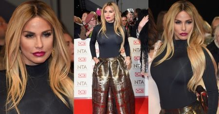 Katie Price w złotej spódnicy na czerwonym dywanie