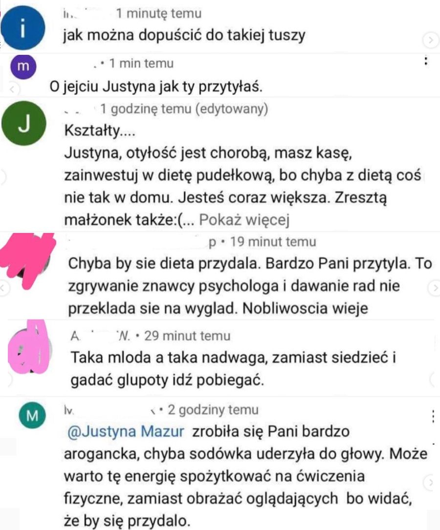 Justyna Mazur pokazuje okrutne komentarze 