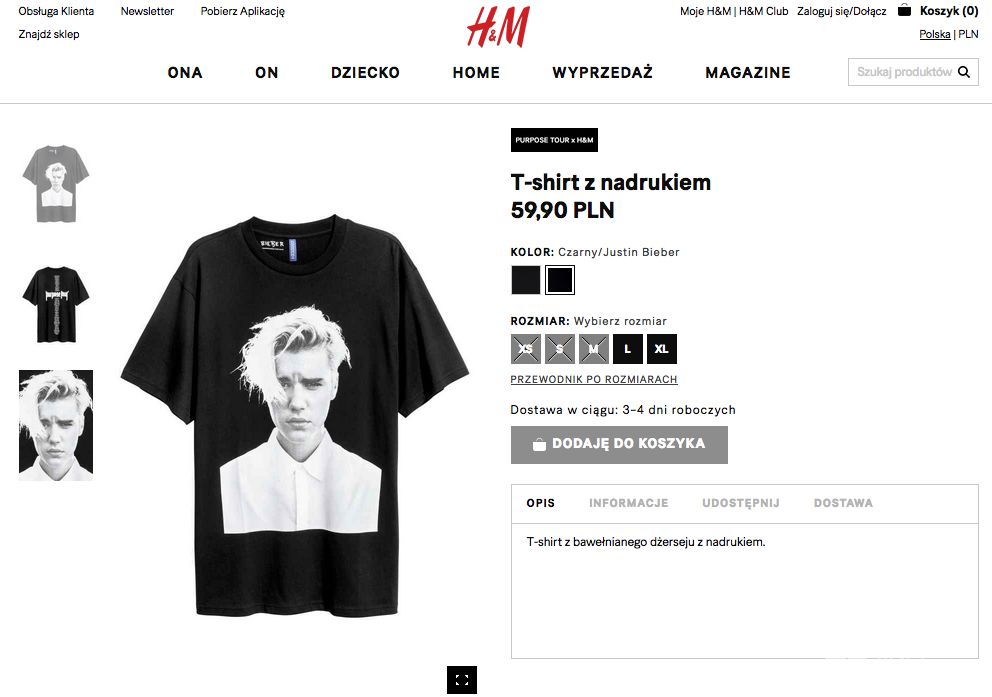 Koszulka H&M z Justinem Bieberem, cena 59,90 złotych