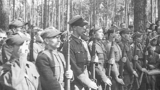 Po głoszeniu amnestii oddział leśny AK pod Kałuszynem prezentuje broń, wrzesień 1945 r.