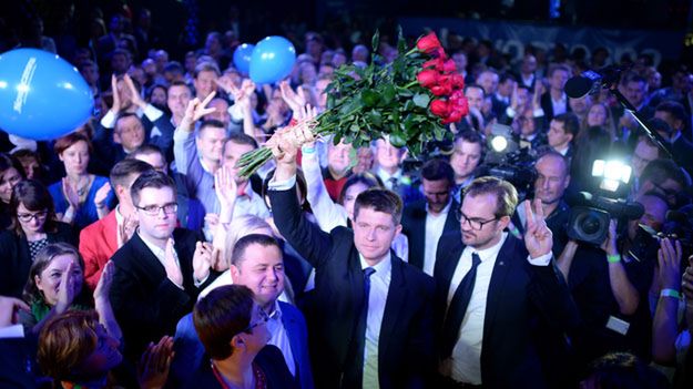 Ryszard Petru podczas wieczoru wyborczego partii .Nowoczesna