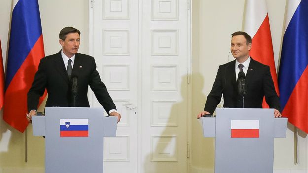 Prezydent Andrzej Duda i prezydent Słowenii Borut Pahor podczas konferencji prasowej po spotkaniu w Pałacu Prezydenckim
