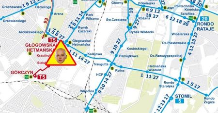 Remont na Głogowskiej w Poznaniu. Zablokowany odcinek torowiska oznaczono znakiem z... Michałem Pazdanem