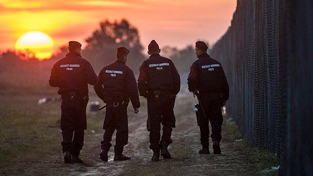 Węgierscy policjanci podczas patrolu wzdłuż ogrodzenia przy granicy
