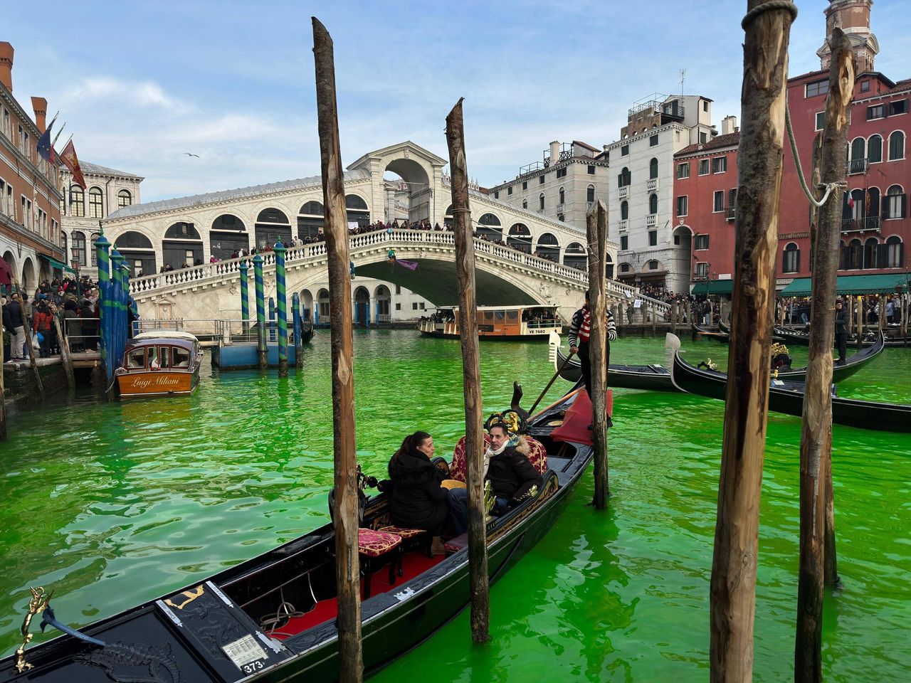 Dyed waters of the canal in Venice