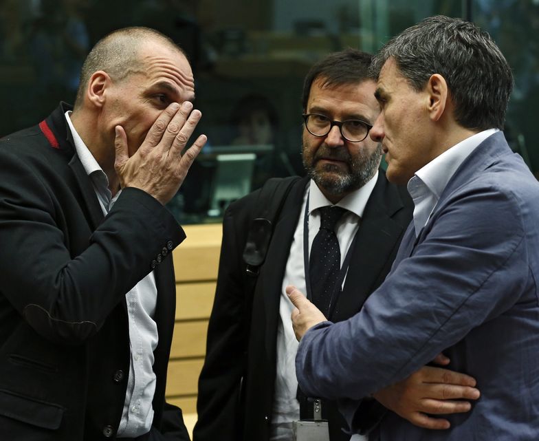24.06.2015, Bruksela. Minister finansów Grecji Janis Warufakis (po lewej)</br> przed rozpoczęciem rozmów
