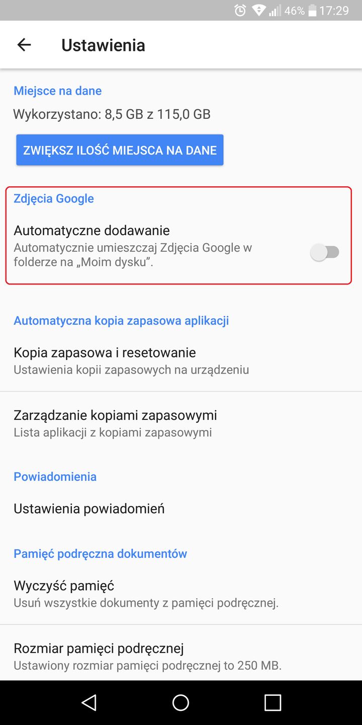 Ustawienia Dysku Google