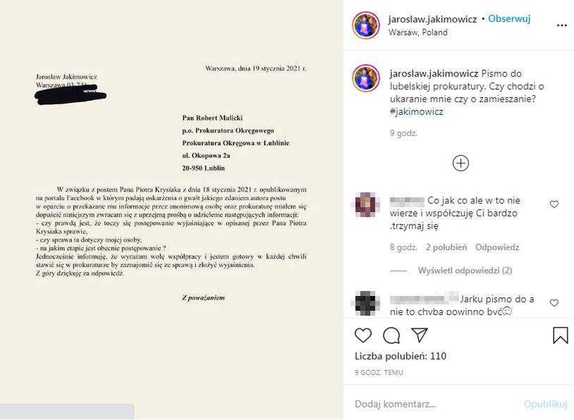 Jarosław Jakimowicz grozi Piotrowi Krysiakowi sądem