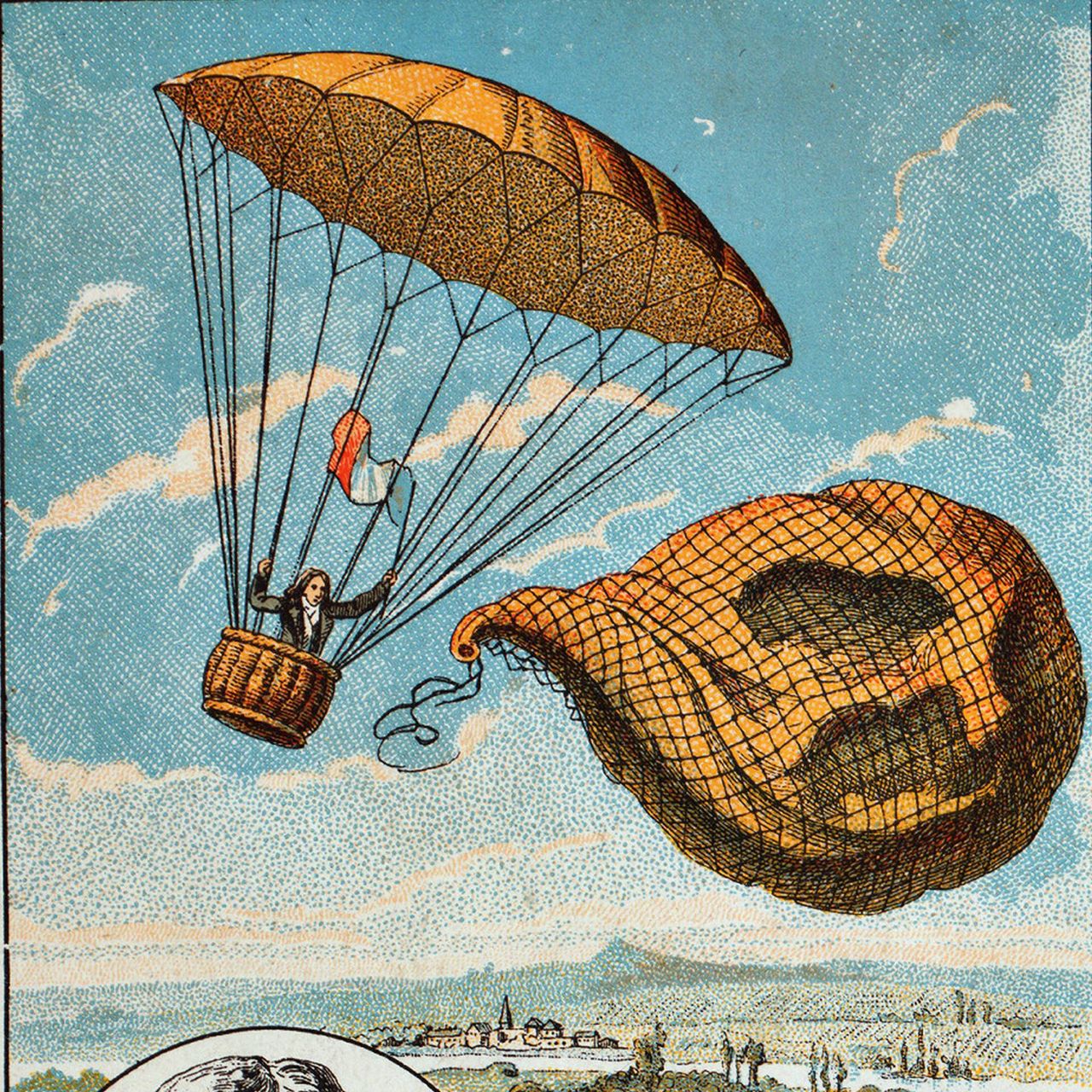 XIX-wieczna ilustracja pierwszego skoku ze spadochronem