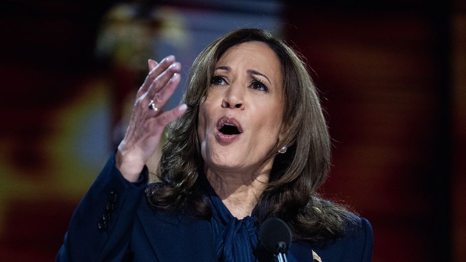 UNITED STATES - AUGUST 22: Vice President Kamala Harris, Democratic presidential nominee, speaks on the final night of the Democratic National Convention at the United Center in Chicago, Ill., on Thursday, August 22, 2024. (Tom Williams/CQ-Roll Call, Inc via Getty Images)
