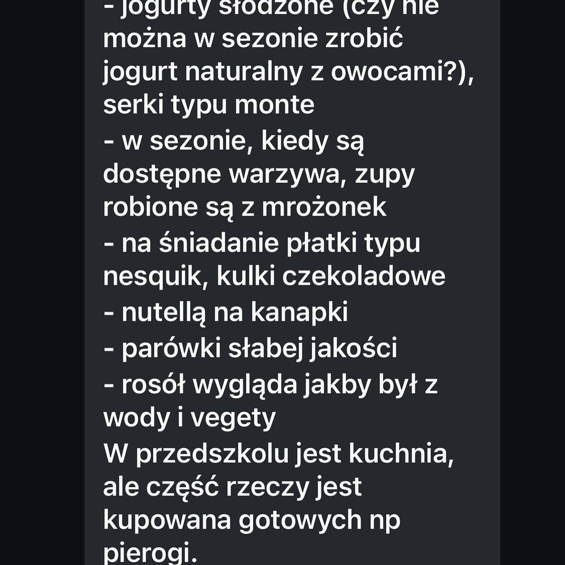 Wiadomość o posiłkach dzieci od pracownicy przedszkola