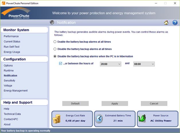 PowerChute Personal Edition zakładka Notification