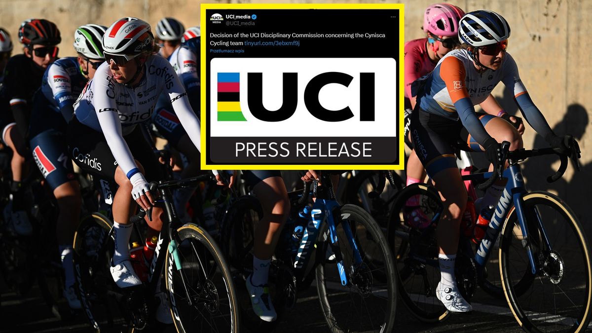 kolarki ekipy Cynisca Cycling, w ramce informacja Międzynarodowej Komisji Kolarskiej o oświadczeniu