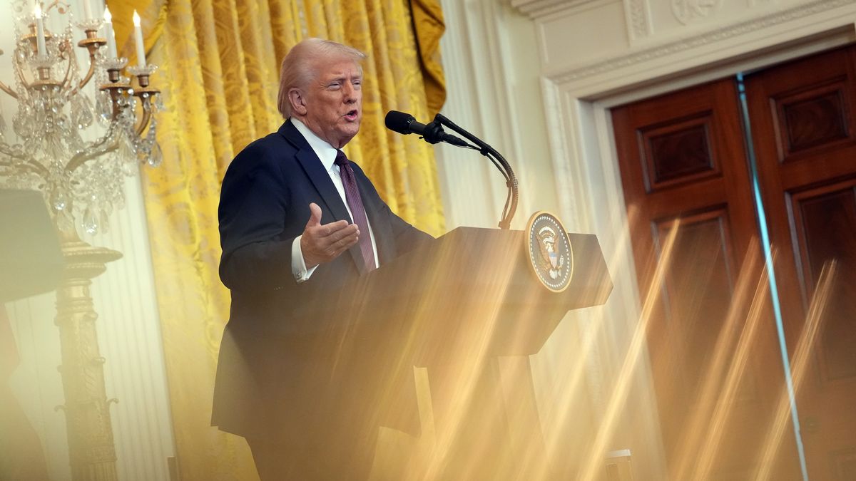 WASHINGTON, DC - FEBRUARY 27: U.S. President Donald Trump delivers remarks during a joint press conference with UK Prime Minister Keir Starmer in the East Room at the White House on February 27, 2025 in Washington, DC. Starmer is on his first visit to Washington since President Trump returned to the White House. Starmer's trip comes shortly after he announced an increase in UK defense spending, ostensibly as a signal to Trump that the UK is prepared to bolster Europe's security, and as he aims to broker a fair peace deal for Ukraine amid Trump's warming relations with Russia.  (Photo by Andrew Harnik/Getty Images)