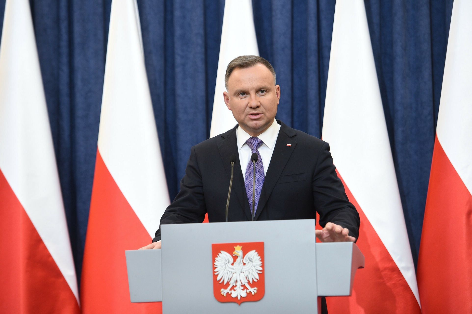 Prezydent Duda po posiedzeniu Rady Gabinetowej ws. sytuacji na Ukrainie15.02.2022 Warszawa Wypowiedz prezydenta Andrzeja Dudy po posiedzeniu Rady Gabinetowej poswieconej sytuacji na Ukrainie N/z Andrzej Duda  fot. Zbyszek Kaczmarek/REPORTERZbyszek Kaczmarek/REPORTER