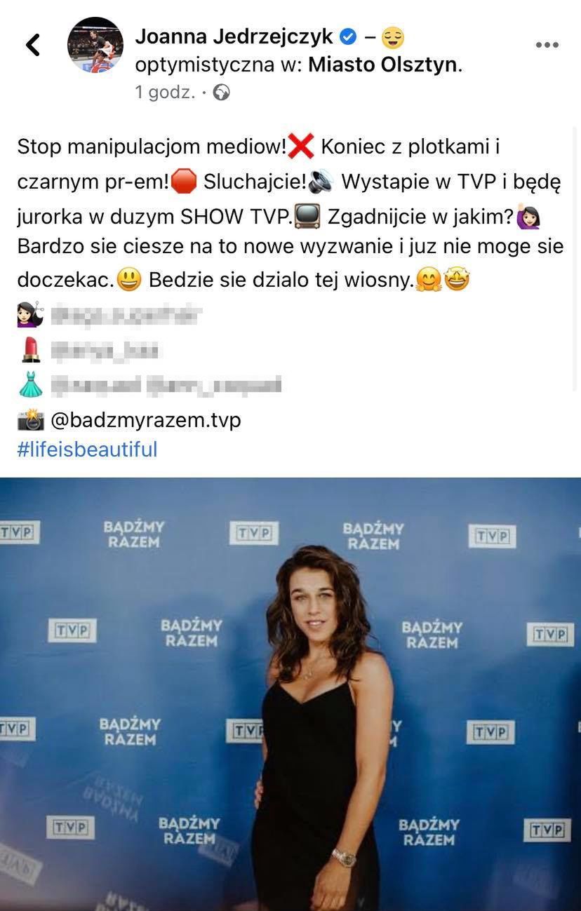 Joanna Jędrzejczyk usunęła wpis o współpracy z TVP