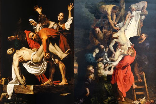 Caravaggio "Złożenie Jezusa do grobu" (po lewej) oraz "Zdjęcie z krzyża" autorstwa Rubensa (po prawej).