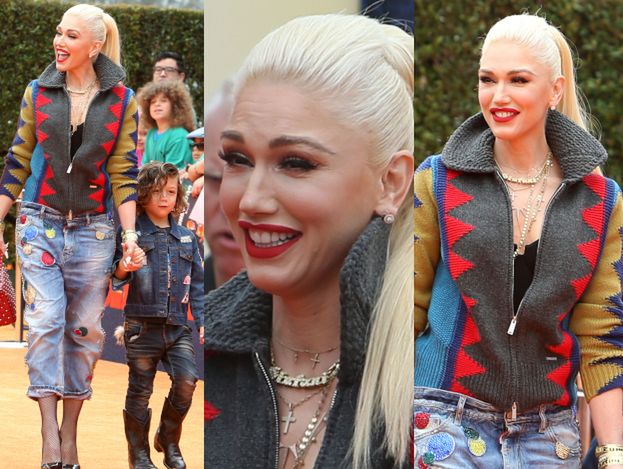 Wzorzysta Gwen Stefani próbuje zmarszczyć czoło na premierze filmu dla dzieci