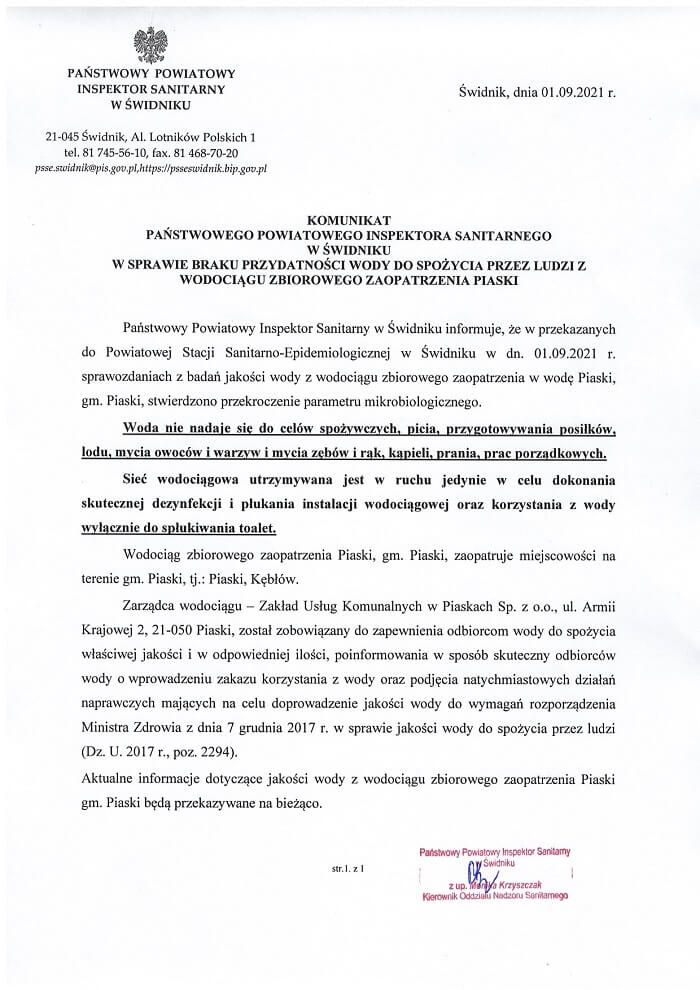 Komunikat PPIS w Świdniku dot. przekroczenia parametrów mikrobiologicznych w wodociągu w Piaskach