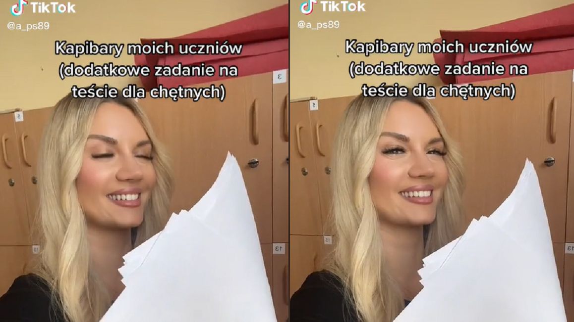 Nauczycielka pokazała zadanie wykonane przez uczniów.