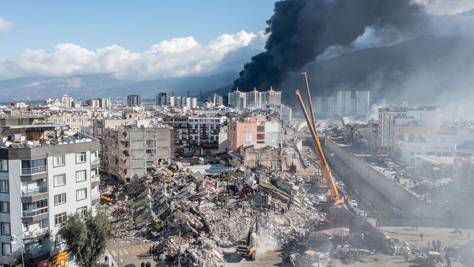 Earthquakes jolt Turkiye's provinces
HATAY, TURKIYE - FEBRUARY 07: An aerial view of collapsed buildings after 7.7 and 7.6 magnitude earthquakes hit Hatay, Turkiye on February 7, 2023. Early Monday morning, a strong 7.7 earthquake, centered in the Pazarcik district, jolted Kahramanmaras and strongly shook several provinces, including Gaziantep, Sanliurfa, Diyarbakir, Adana, Adiyaman, Malatya, Osmaniye, Hatay, and Kilis. Later, at 13.24 p.m. (1024GMT), a 7.6 magnitude quake centered in Kahramanmaras' Elbistan district struck the region. Turkiye declared 7 days of national mourning after deadly earthquakes in southern provinces. (Photo by Murat Sengul/Anadolu Agency via Getty Images)
Anadolu Agency
7.7 magnitude earthquake, aerial, earthquakes, turkiye