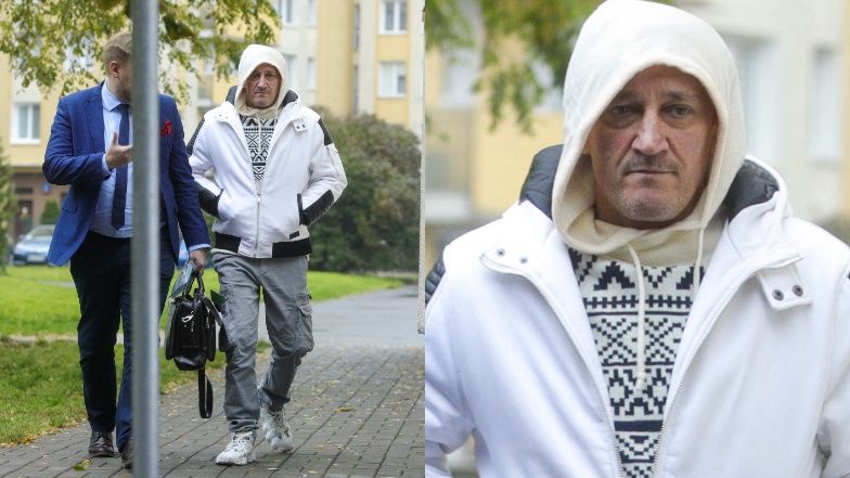 Skwaszony Michał Wiśniewski na fajce pod prokuraturą
