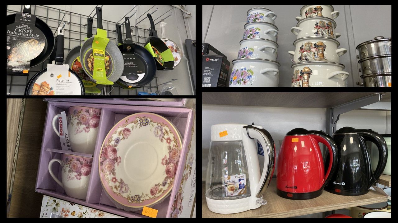Patelnie, garnki, filiżanki, zestawy obiadowe i inne kuchenne akcesoria na kieleckich bazarach