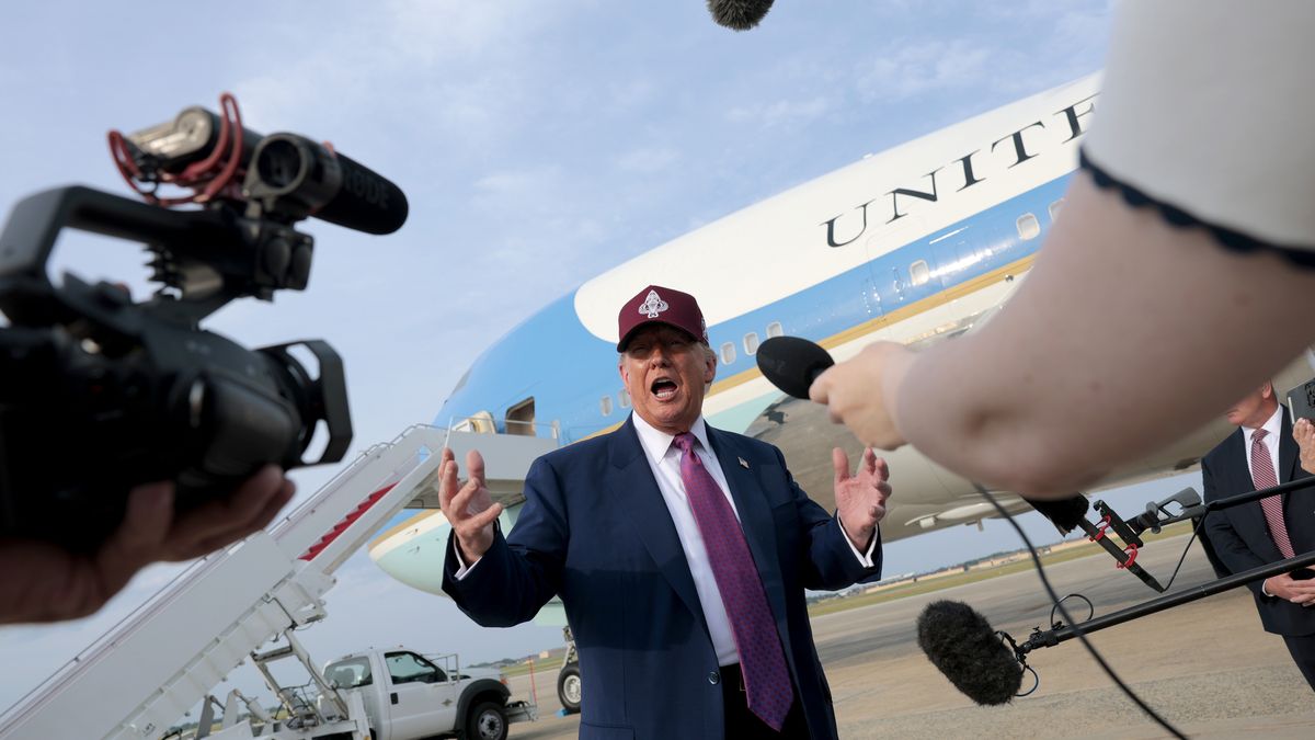 JOINT BASE ANDREWS, MARYLAND - JUNE 10: U.S. President Donald Trump speaks to reporters after walking off Air Force One on June 10, 2025 at Joint Base Andrews, Maryland. Trump spent the afternoon visiting Fort Bragg Military Base in North Carolina to mark the U.S. Army’s 250th anniversary. (Photo by Anna Moneymaker/Getty Images)