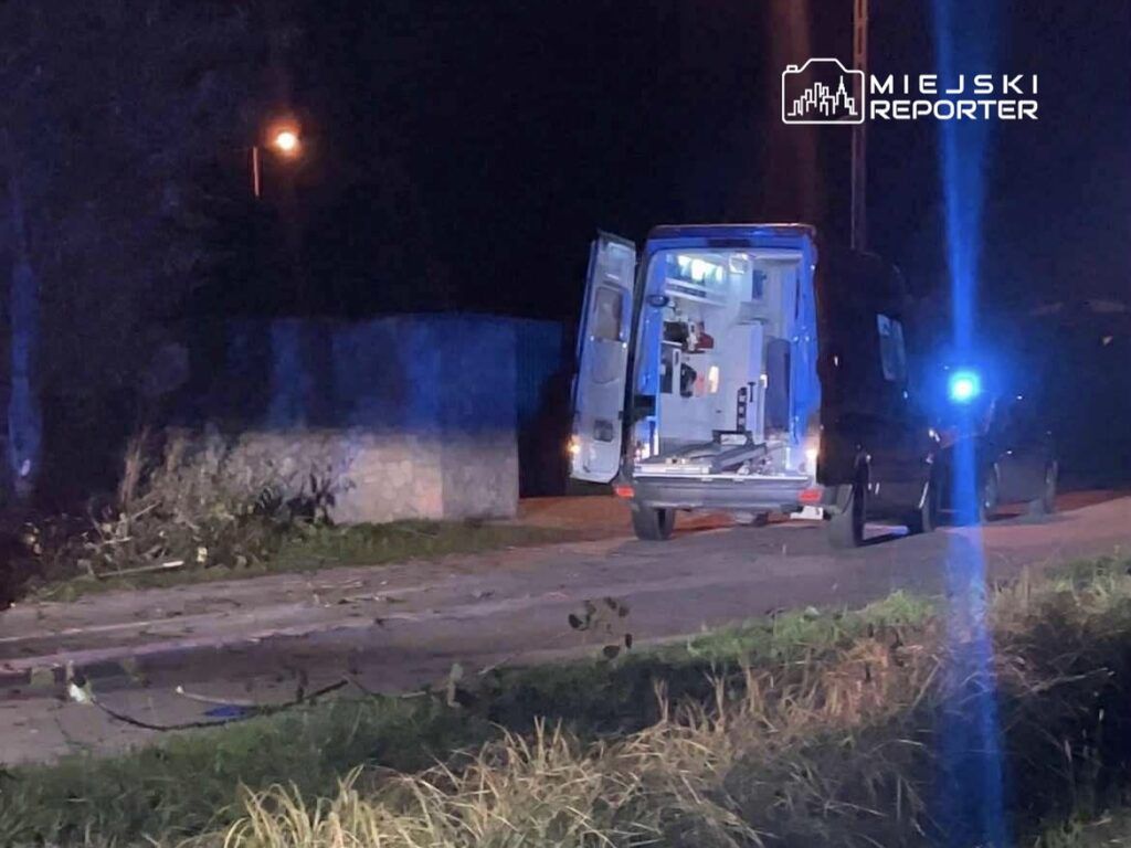 Funkcjonariusze policji przy czarnym vanie z otwartymi drzwiami, w ciemnym otoczeniu nocnym.