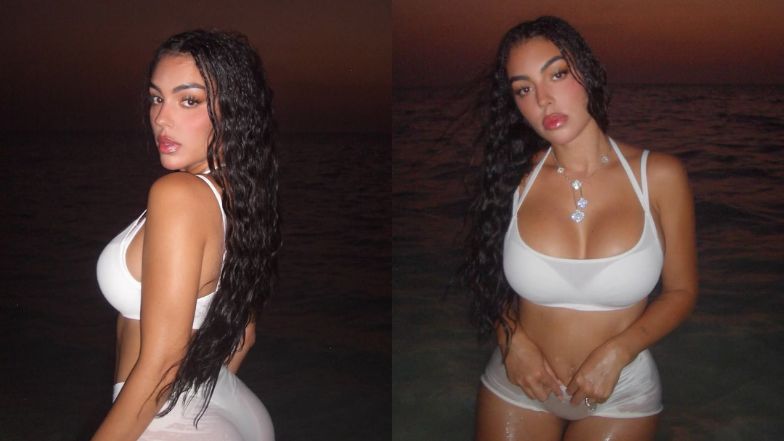 Odziana w sportowy strój Georgina Rodriguez wyłania się z morza