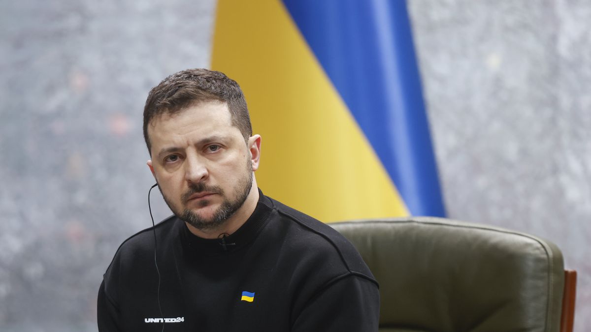 KYIV, UKRAINE - FEBRUARY 24: Ukrainian President Volodymyr Zelenskyy attends an event held to mark the beginning of the Russia-Ukraine war on the first anniversary in Kyiv, Ukraine on February 24, 2023. (Photo by Mustafa Ciftci/Anadolu Agency via Getty Images)