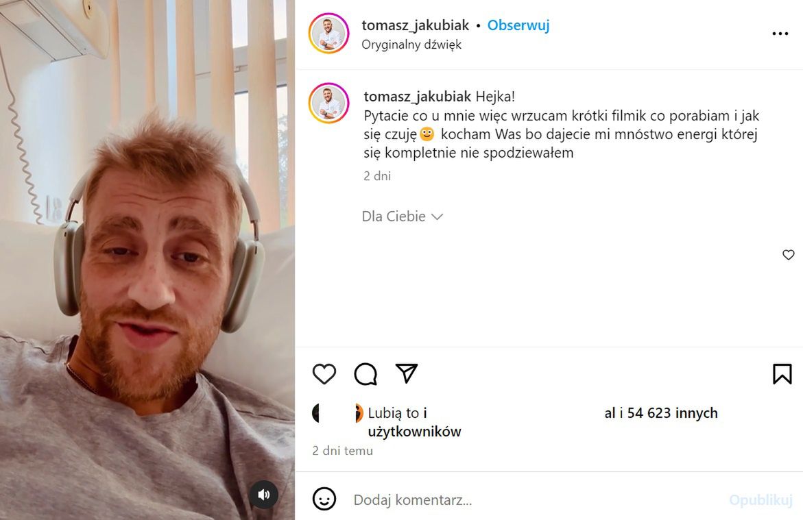 Wpis Tomasza Jakubiaka na Instagramie