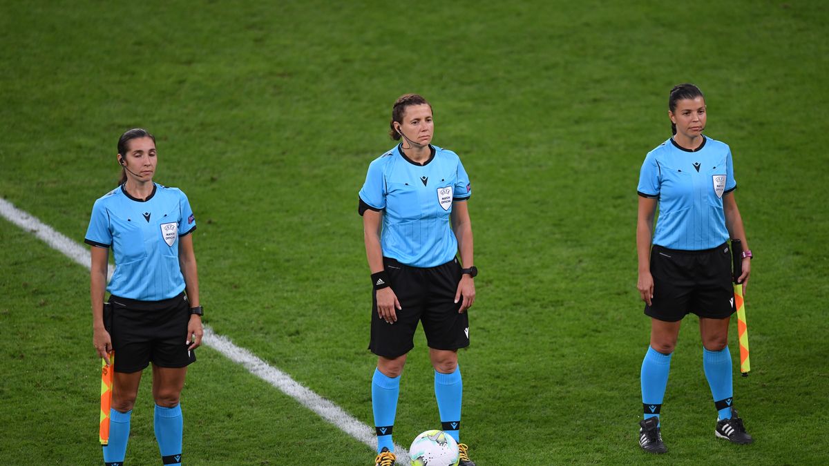 BILBAO, SPAIN - AUGUST 22: Referee Kateryna Monzul and her assistants Maryna Striletska and Oleksandra Ardasheva line up prior to the UEFA Women's Champions League Quarter Final match between Olympique Lyon Women and FC Bayern Muenchen Women at San Mames Stadium on August 22, 2020 in Bilbao, Spain. (Photo by Alex Caparros - UEFA/UEFA via Getty Images)